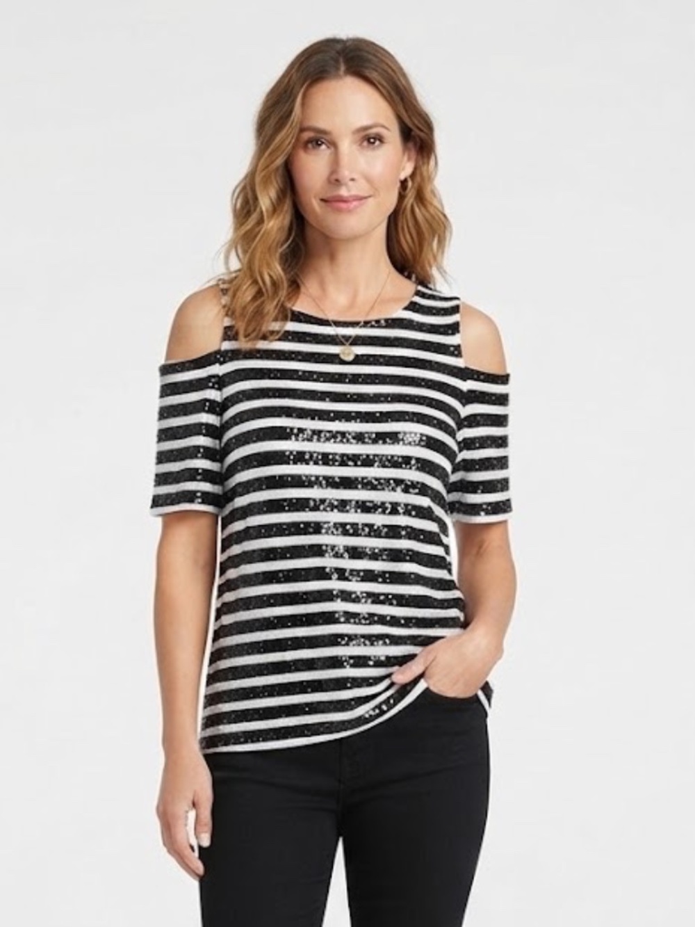 Chico's Black & White Sequin Stripe Cold Shoulder Top - Size 1 / Small